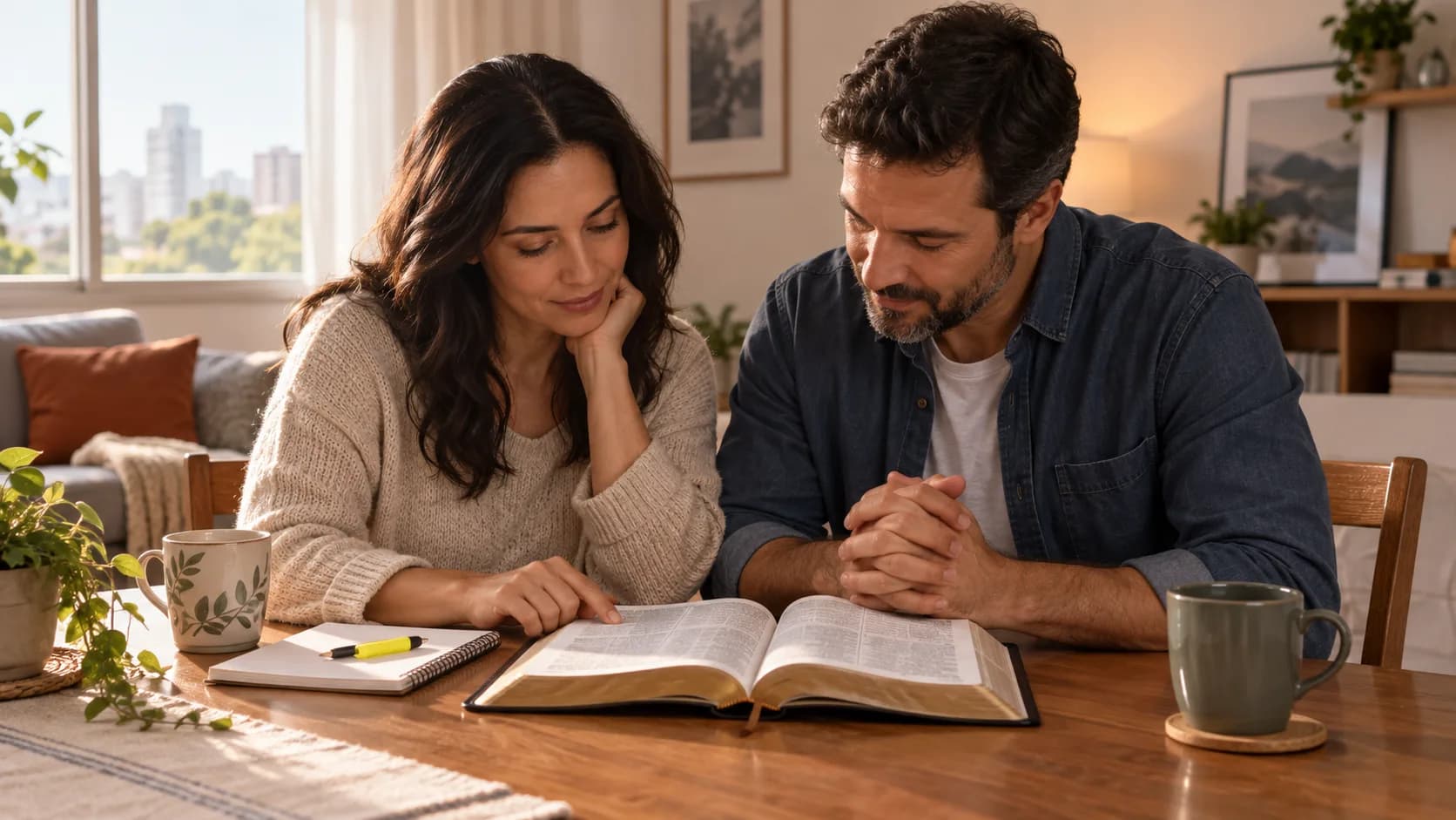 Mulher e Homem lendo uma Bíblia em ambiente doméstico, representando o início da leitura católica da bíblia Sagrada Escritura.