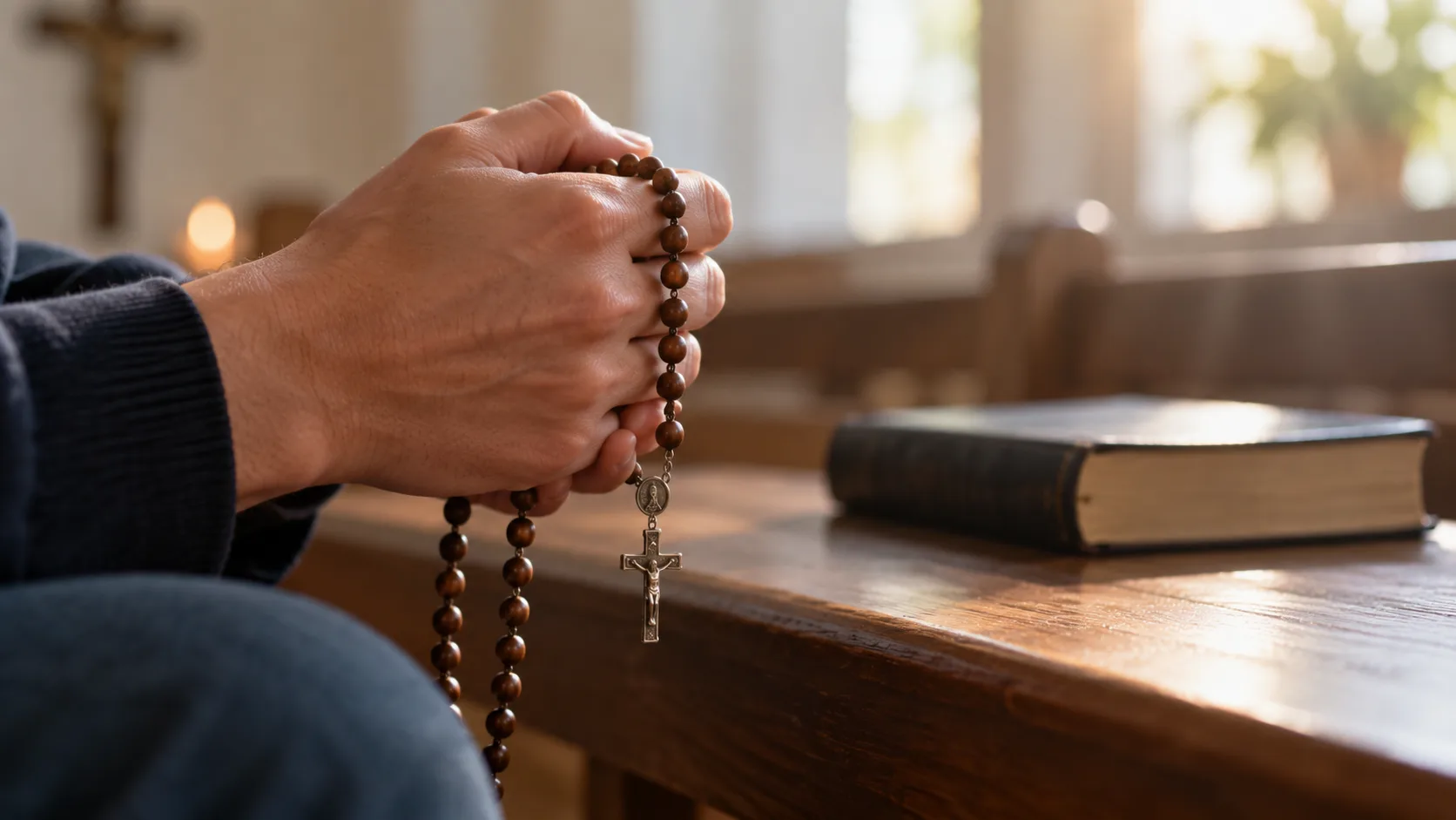 Mãos segurando um terço durante a oração, representando o passo a passo de como rezar o Santo Terço.