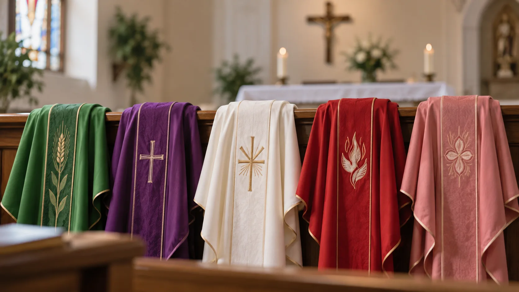 Vestes litúrgicas nas cores verde, roxo, branco, vermelho e rosa, representando as principais cores usadas no ano litúrgico católico.