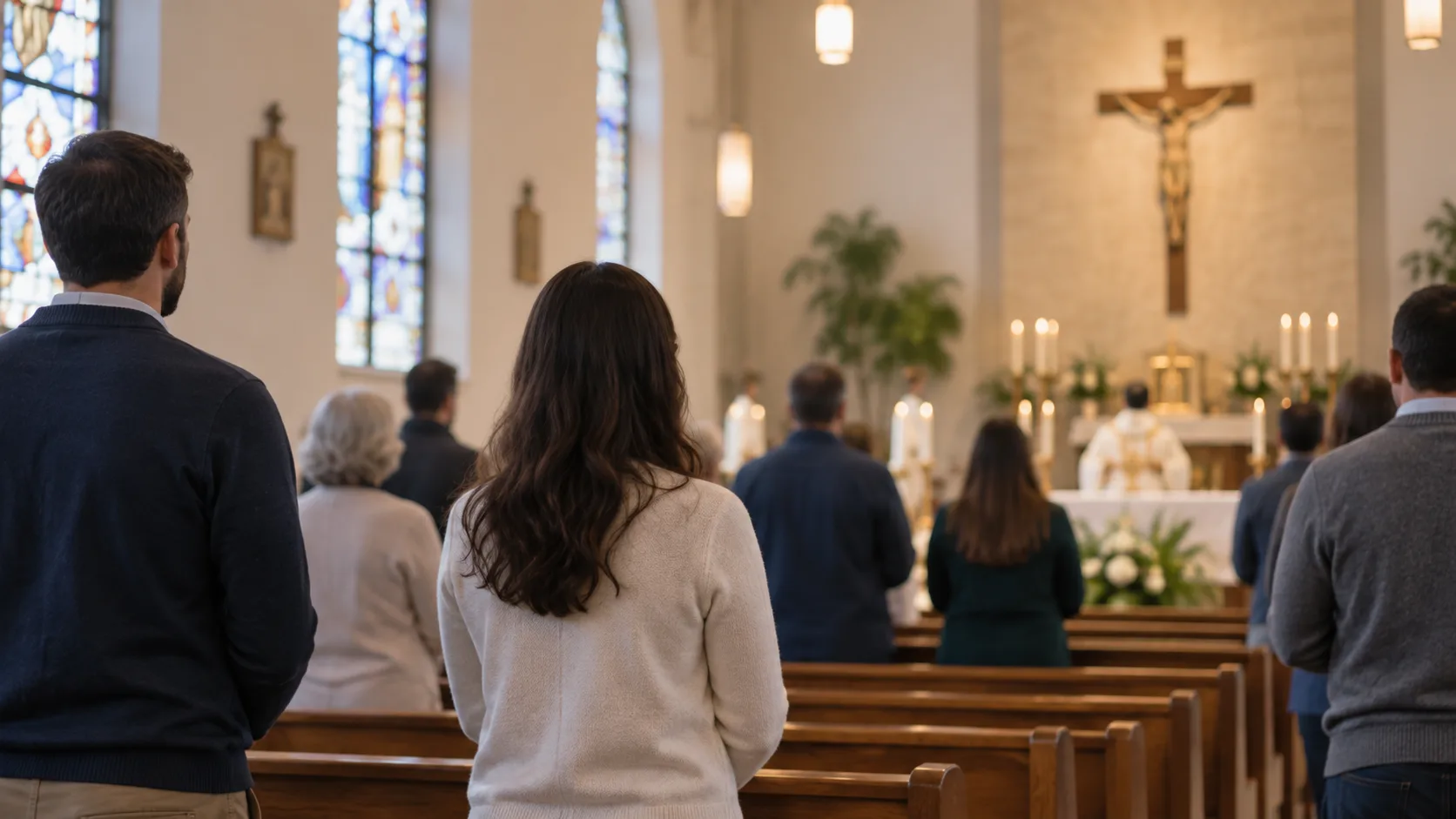 Fiéis de pé durante a Missa em atitude de profissão de fé, representando o Credo católico.