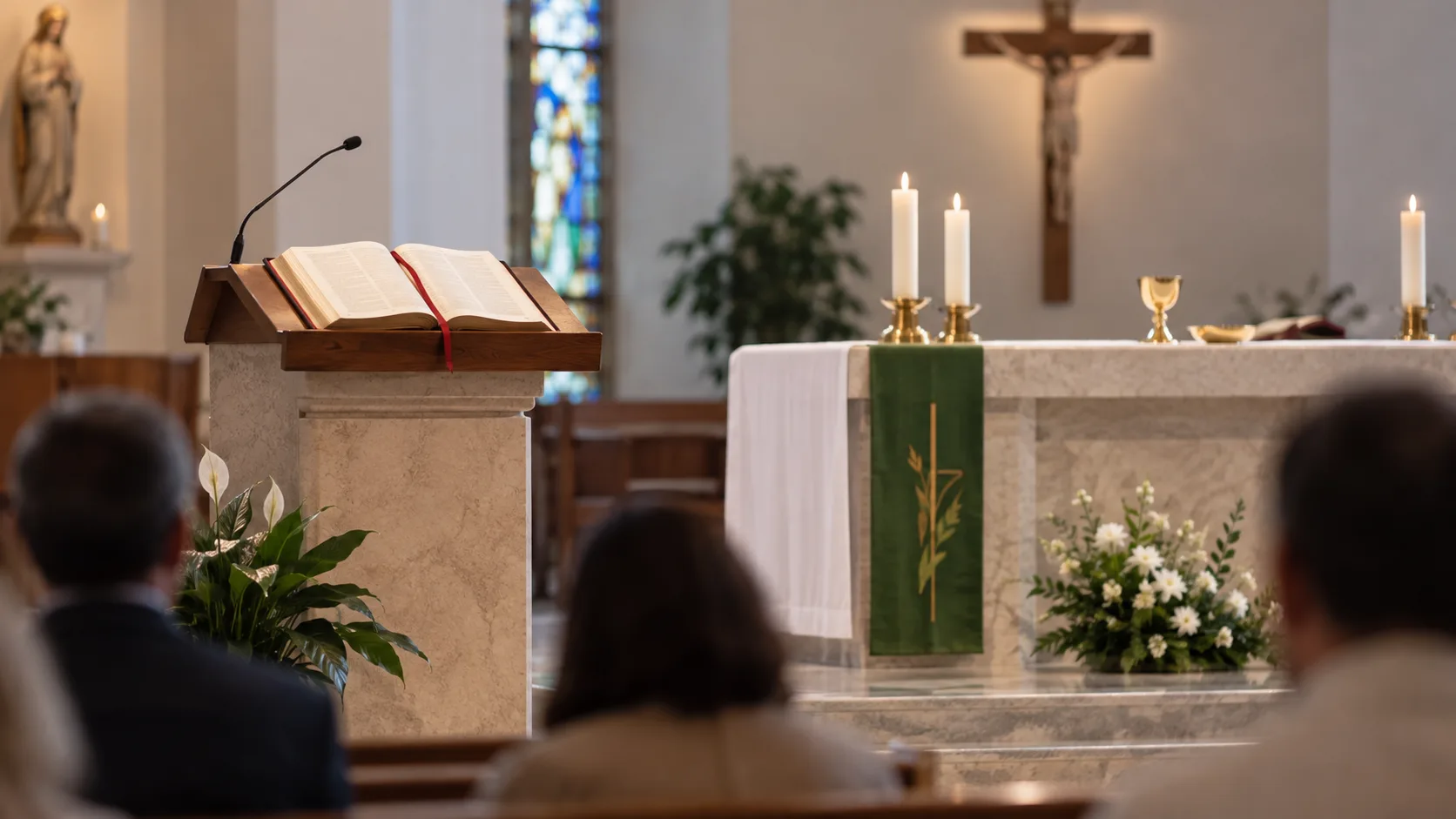 Ambão com lecionário e altar em igreja católica, representando a Liturgia da Palavra e a Liturgia Eucarística na Missa.