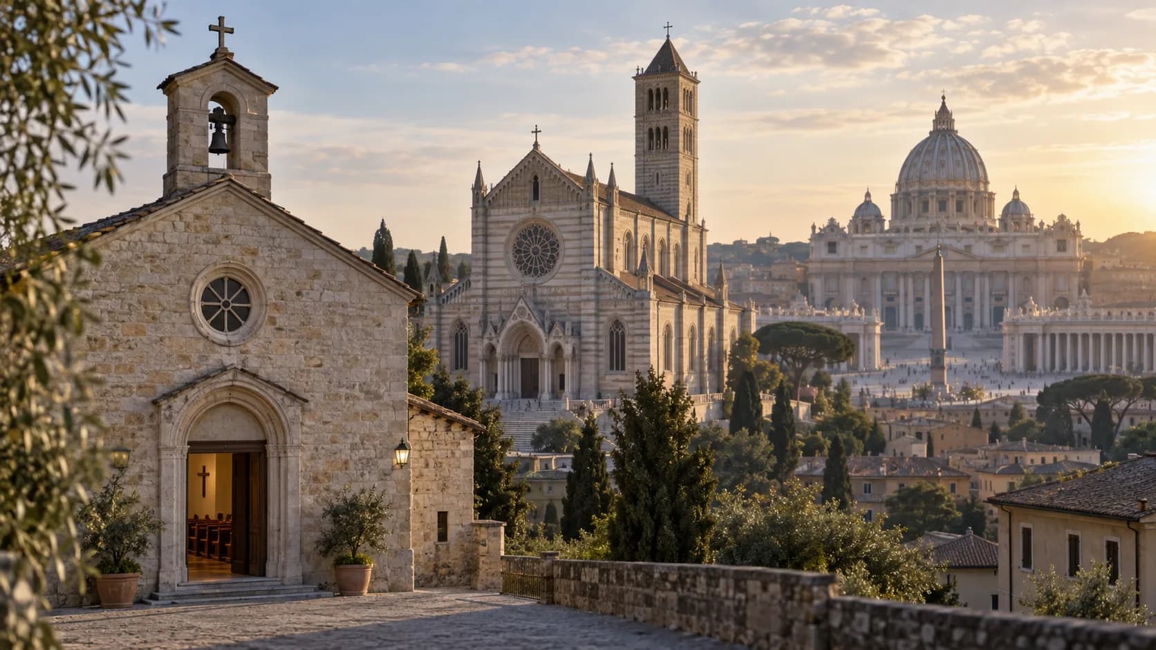 Composição com igreja paroquial, catedral e referência ao Vaticano, representando diferentes estruturas da organização da Igreja Católica.