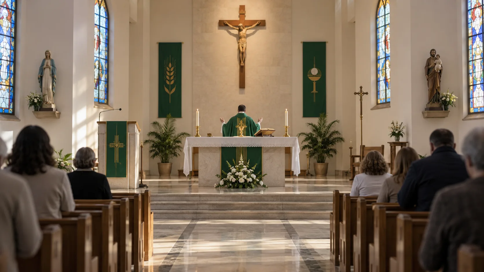 Interior de igreja católica durante a Missa, representando as etapas da celebração litúrgica.